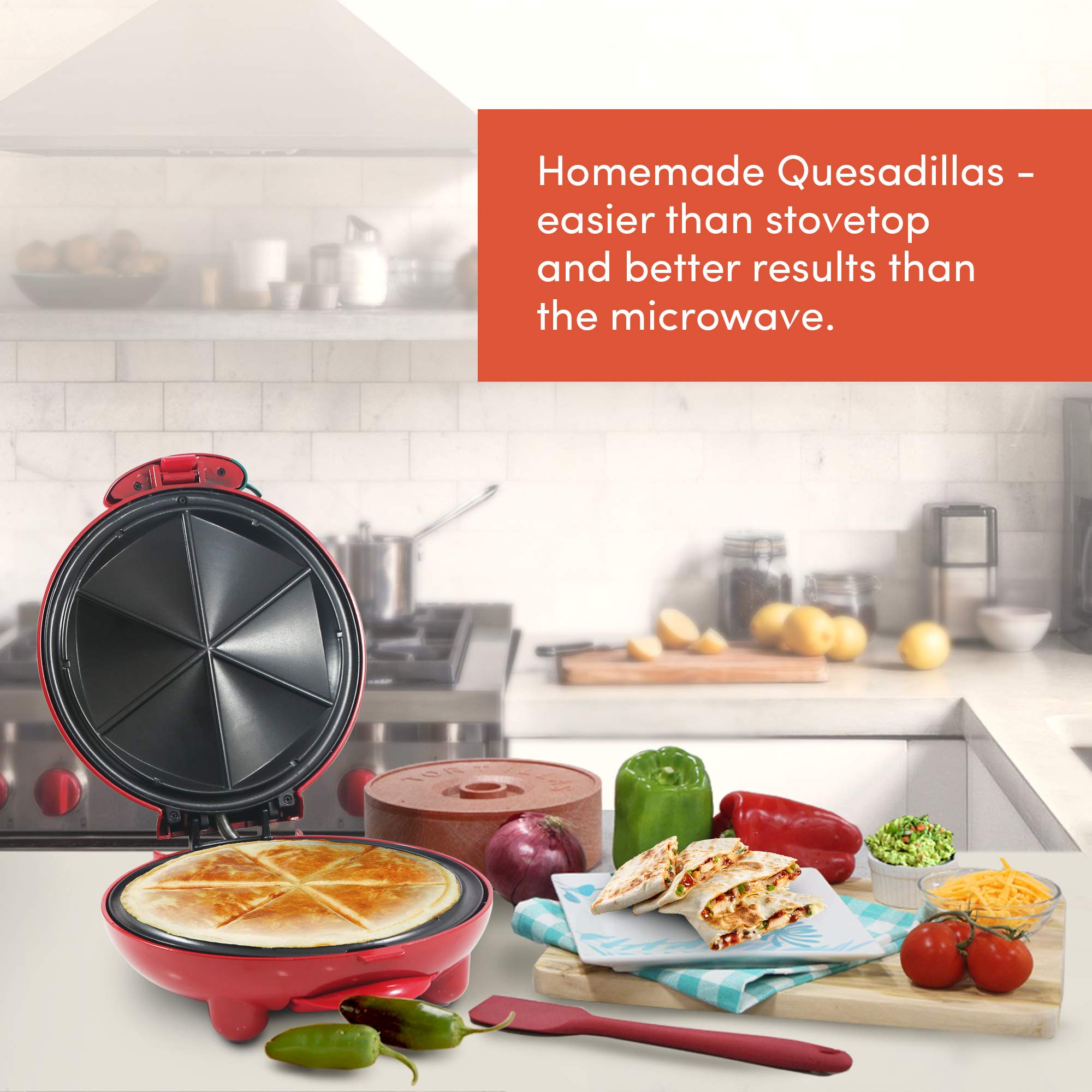 Elite Gourmet EQD413 Non-Stick Electric, Mexican Taco Tuesday Quesadilla Maker, Easy-Slice 6-Wedge, Grilled Cheese, 8 Inch, Red