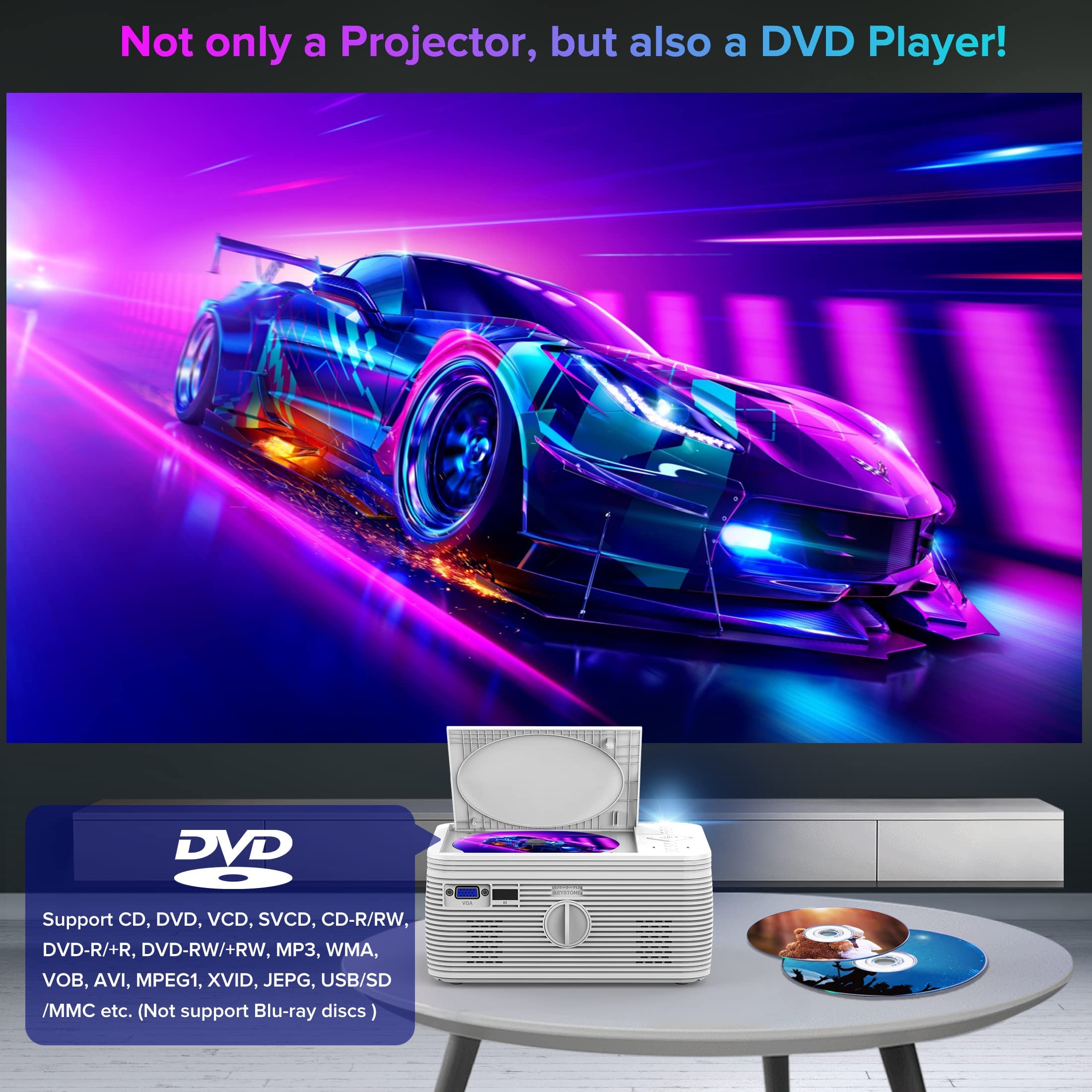 BIGASUO HD 9000L Bluetooth Projector Built in DVD Player, Mini Projector 1080P and 250”Supported with Tripod/ Carry Bag, Projector Compatible w/ TV Stick, PS5, Laptop, Portable Outdoor Movie Projector
