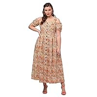 Ulla Popken Womenswear Plus Size Curvy Oversize Floral Print Off The Shoulder Button Front Dress Melon Pink 14 818321529
