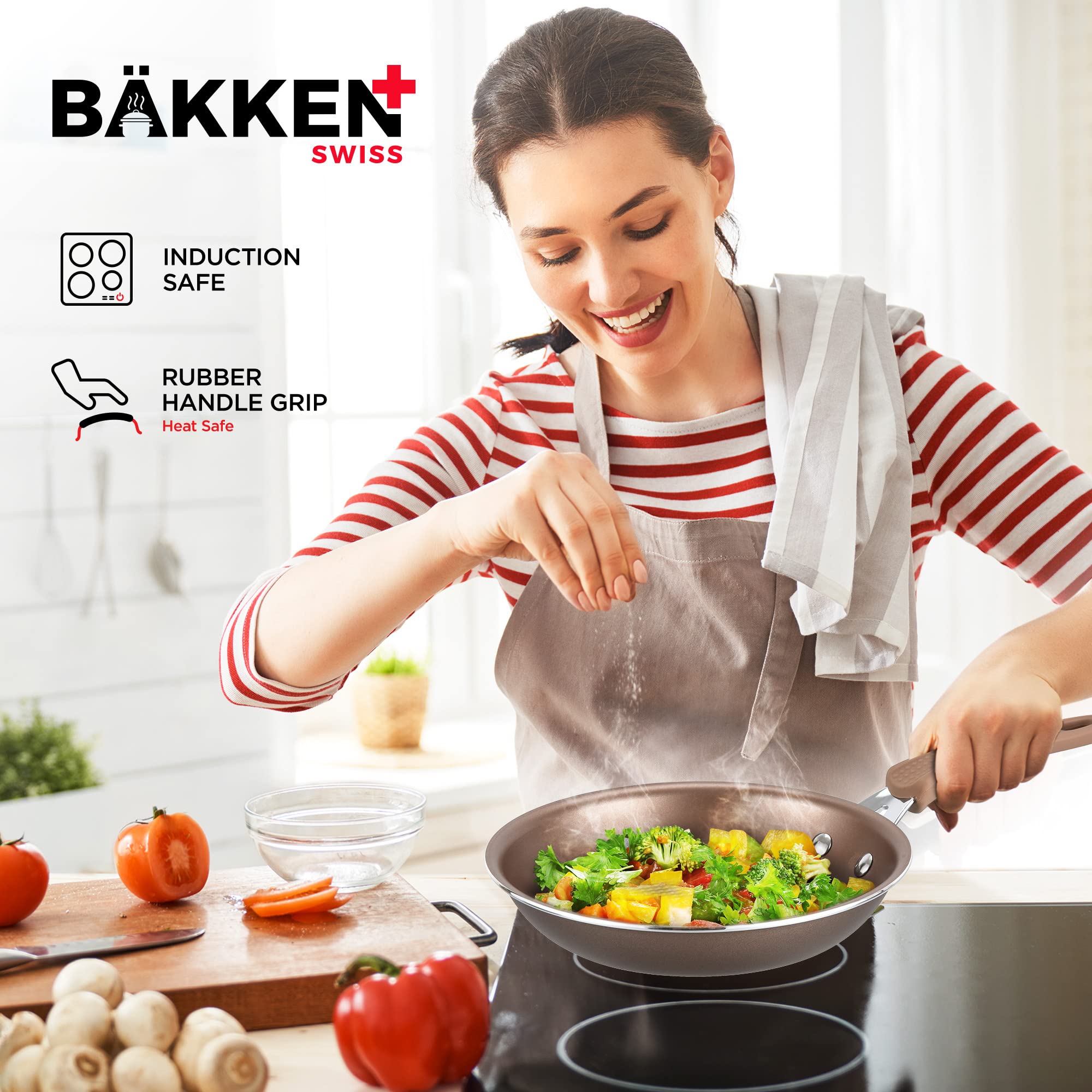 Cookware Set – 23 Piece –Gold Multi-Sized Cooking Pots with Lids, Skillet Fry Pans and Bakeware – Reinforced Pressed Aluminum Metal - Suitable for Gas, Electric, Ceramic and Induction by BAKKEN Swiss