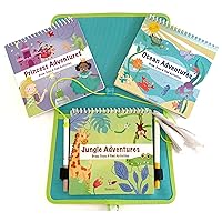 Kids White Board Dry Erase Activity Book Bundle with 2 Extra Activity Books for Kids Ages 4-7, Screen Free Coloring, Drawing, Mazes - Tethered Washable Markers, Reusable Stickers (Jungle)