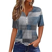 Henley Shirts for Women Buttons Sexy Shirts Short Sleeve Dressy Blouses 2024 Geometric Print Tops