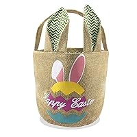 Easter Bunny Basket Egg Bags for Kids,Linen Personalized Candy Egg Basket Rabbit Print Buckets， Easter Eggs Hunt Easter Party Favors Decorations Candy Gifts Toys Storage (Egg-Green)