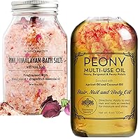 Pink Himalayan Bath Salt with Rose Petals -100% Natural Aromatherapy and Relaxation - Peony Multi-Use Oil for Face, Body and Hair - Organic Blend of Apricot, Vitamin E