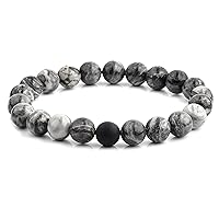 Crucible Jewelry Mens Polished Jasper and Matte Onyx Beaded Stretch Bracelet (10.5mm Wide), Grey, One Size