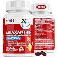 Astaxanthin 24mg Supplement from Microalgae - Natural Potent Antioxidant Grape Seed & Ashwagandha Root for Anti-Aging, Support Skin, Eyes, Joint, Heart & Brain Health, Boost immunity, 5 Months Supply
