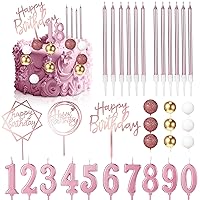 34 Pcs Birthday Candles Cake Toppers for Men Women with 12 Long Thin Birthday Cake Candle 10 Numeral Birthday Candle 9 Ball Cake Topper 3 Birthday Cake Topper(Dusty pink)
