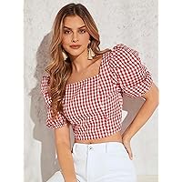 Women's Shirts Women's Tops Shirts for Women Gingham Print Puff Sleeve Crop Blouse (Color : Red and White, Size : X-Large)