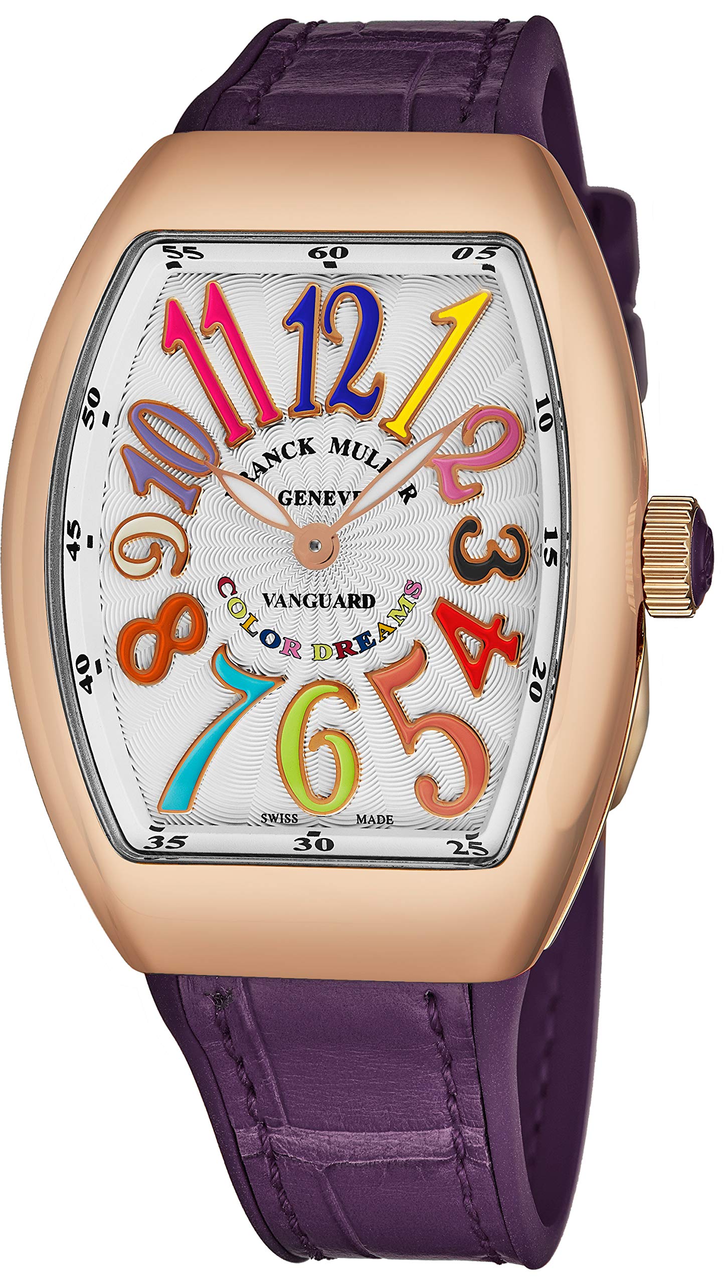 Franck Muller Vanguard Color Dreams Womens 18K Rose Gold Swiss Quartz Watch Tonneau Silver Face with Luminous Hands and Sapphire Crystal Purple Leather/Rubber Strap Ladies Watch V 32 SC at FO COL DRM