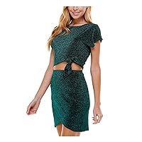 Womens Green Stretch Glitter Tie Short Sleeve Boat Neck Mini Party Body Con Dress Juniors XL