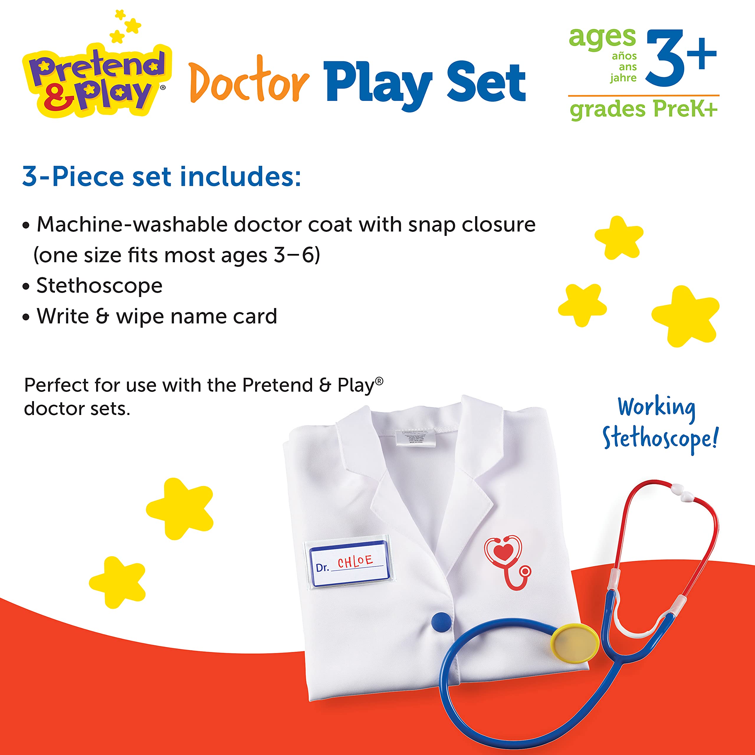 Learning Resources Doctor Play Set - 3 Pieces, Ages 3+ Doctor Kit for Kids, Pretend Play, Doctor Dress Up for Kids, Doctor Costume for Kids, Preschool Learning Games