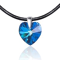 LillyMarie Woman Leather Necklace Swarovski Elements Heart Blue Length Adjustable Jewelry Pouch Small Gifts for Women Christmas