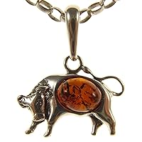 BALTIC AMBER AND STERLING SILVER 925 BULL PENDANT NECKLACE - 14 16 18 20 22 24 26 28 30 32 34