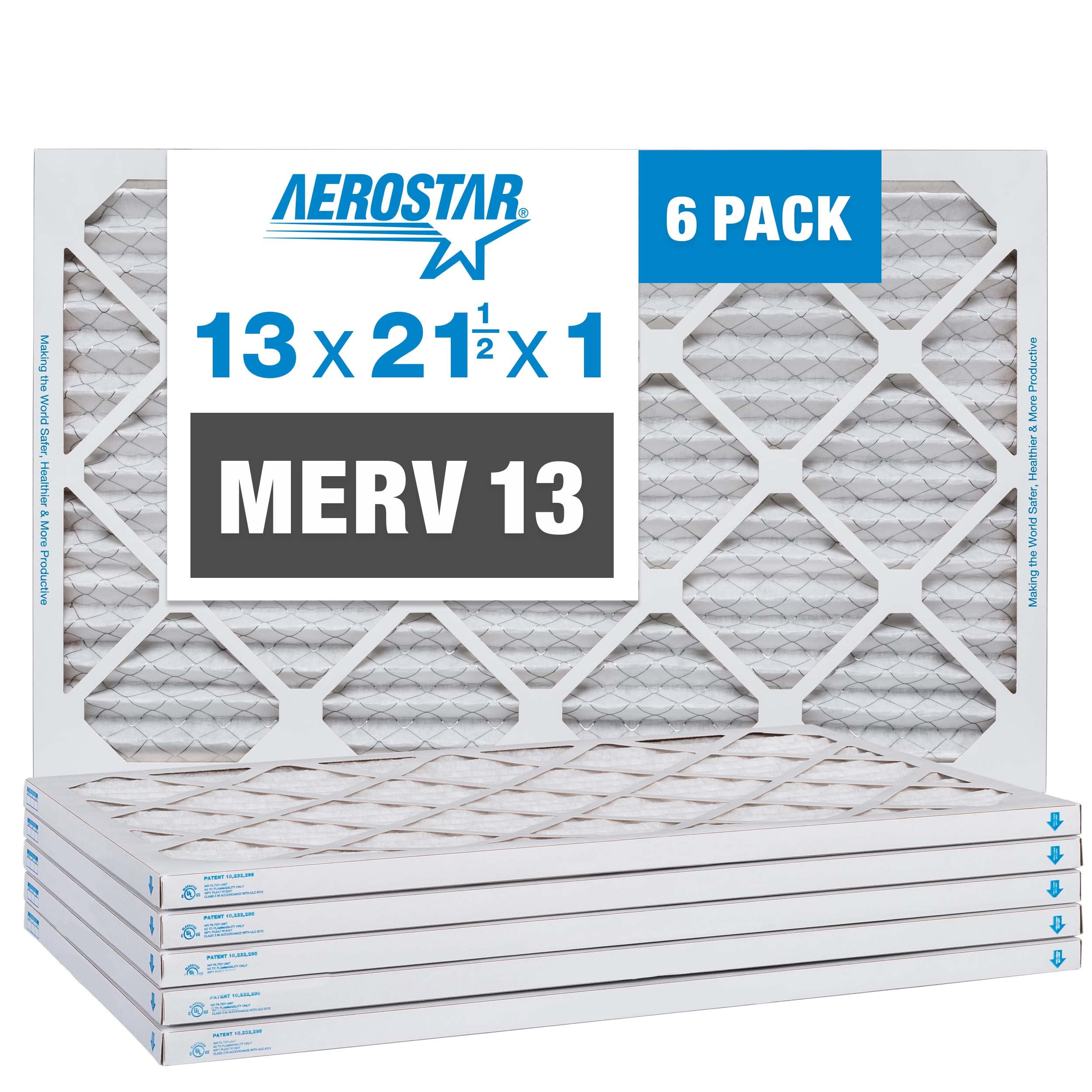 Aerostar 13x21 1/2x1 MERV 13 Pleated Air Filter, AC Furnace Air Filter, 6 Pack (Actual Size: 12 7/8" x 21 1/2" x 3/4")