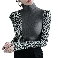 Fashion Leopard Print Tops for Women High Neck Long Sleeve Patchwork Blouses Elegant Work Party Dinner Shirts