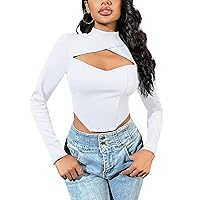 Blooming Jelly Womens Long Sleeve Crop Top Trendy Going Out Mock Neck Shirts Sexy Ribbed Cut Out Tshirts 2023