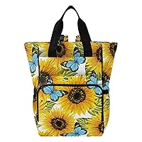 Sunflowers Blue Butterflies Diaper Bag Backpack for Men Women Large Capacity Baby Changing Totes with Three Pockets Multifunction Travel Baby Bag for Travelling