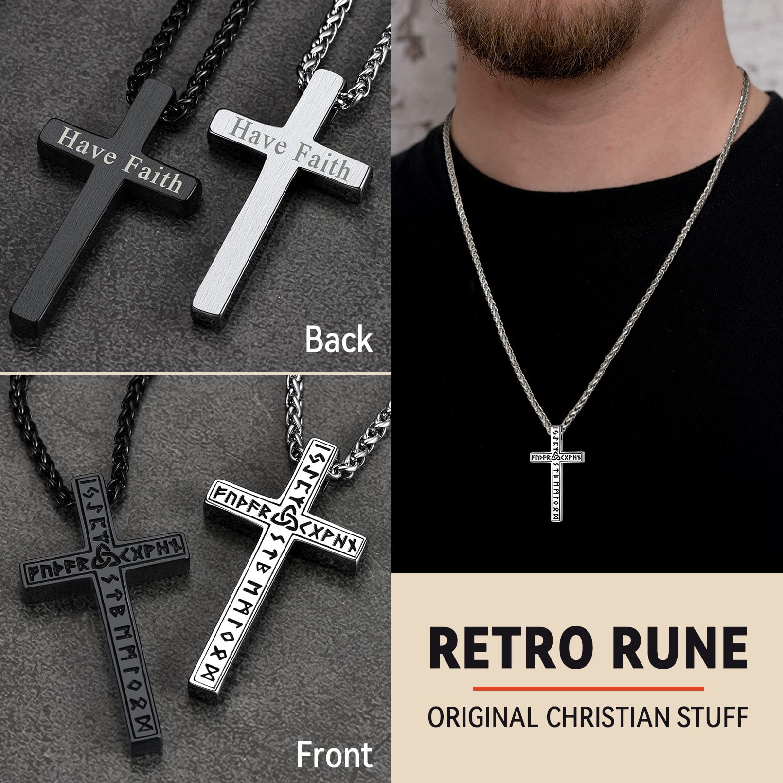 FaithHeart Cross Necklace for Men, Christian Crucifix Protection Amulet Pendant Necklace Stainless Steel Jewelry for Women