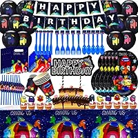 A-mong Game us Party Decorations,Birthday Party Supplies Set, Includes table cover,banner,7+9inch paper plates,Spoons,Knives,Forks,paper cups,Straws,napkins,cake topper,gift bags,balloons.