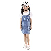 KIDSCOOL SPACE Little Girls Jean Overall Dress,Ripped Adjustable Denim Jumpers