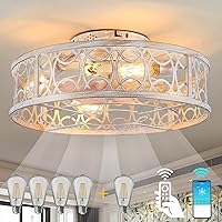 Ceiling Fans with Lights Flush Mount,20 Inch caged Modern Small White Fan for Bedroom,Low Profile Ceiling Fan with Remote and APP,6-Speed Reversible Quiet Chandelier Fans (5 Bulb Include)…