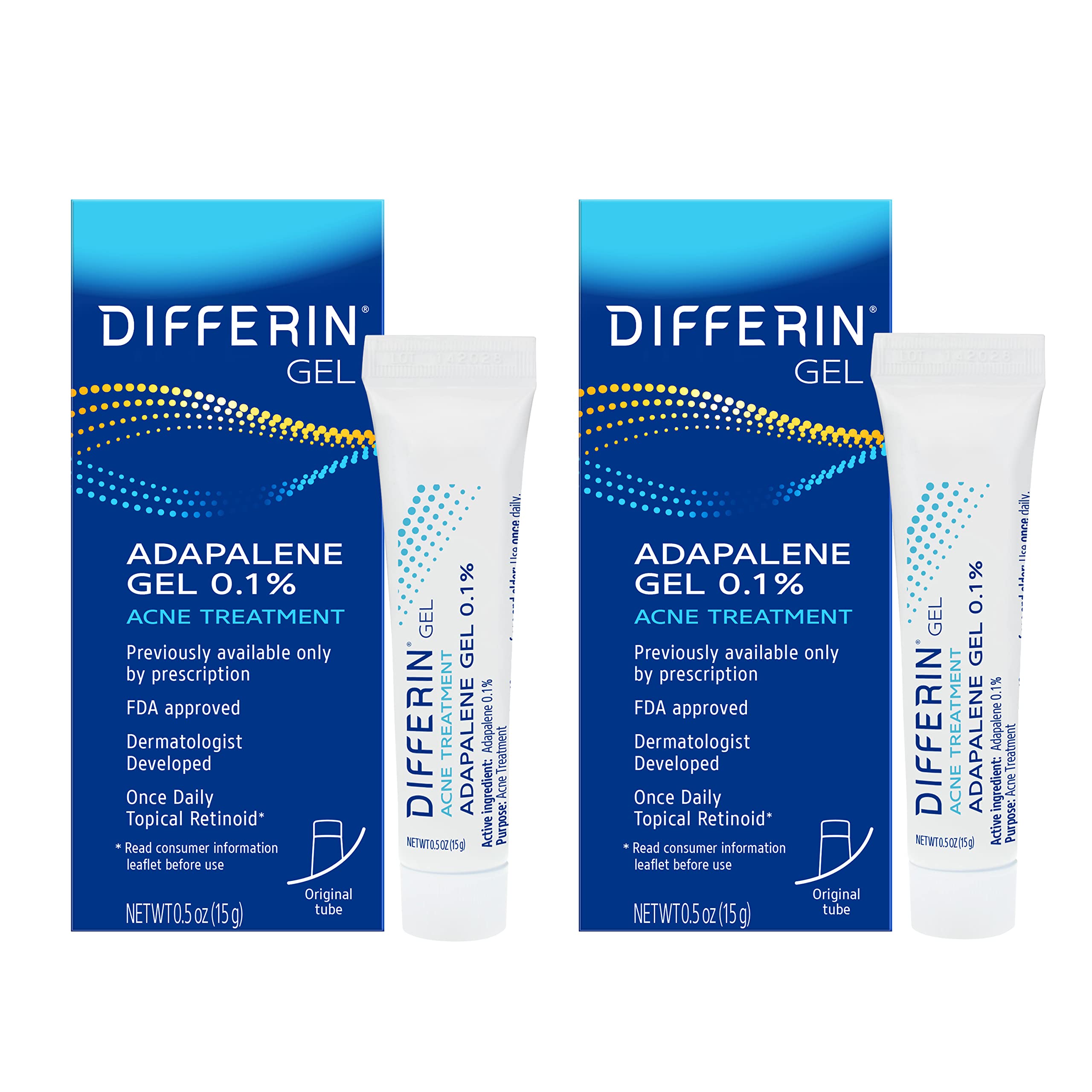 Differin Acne Treatment Gel, 60 Day Supply, Retinoid Treatment for Face with 0.1% Adapalene, Gentle Skin Care for Acne Prone Sensitive Skin, 15g Tube (Pack of 2) (Packaging May Vary)