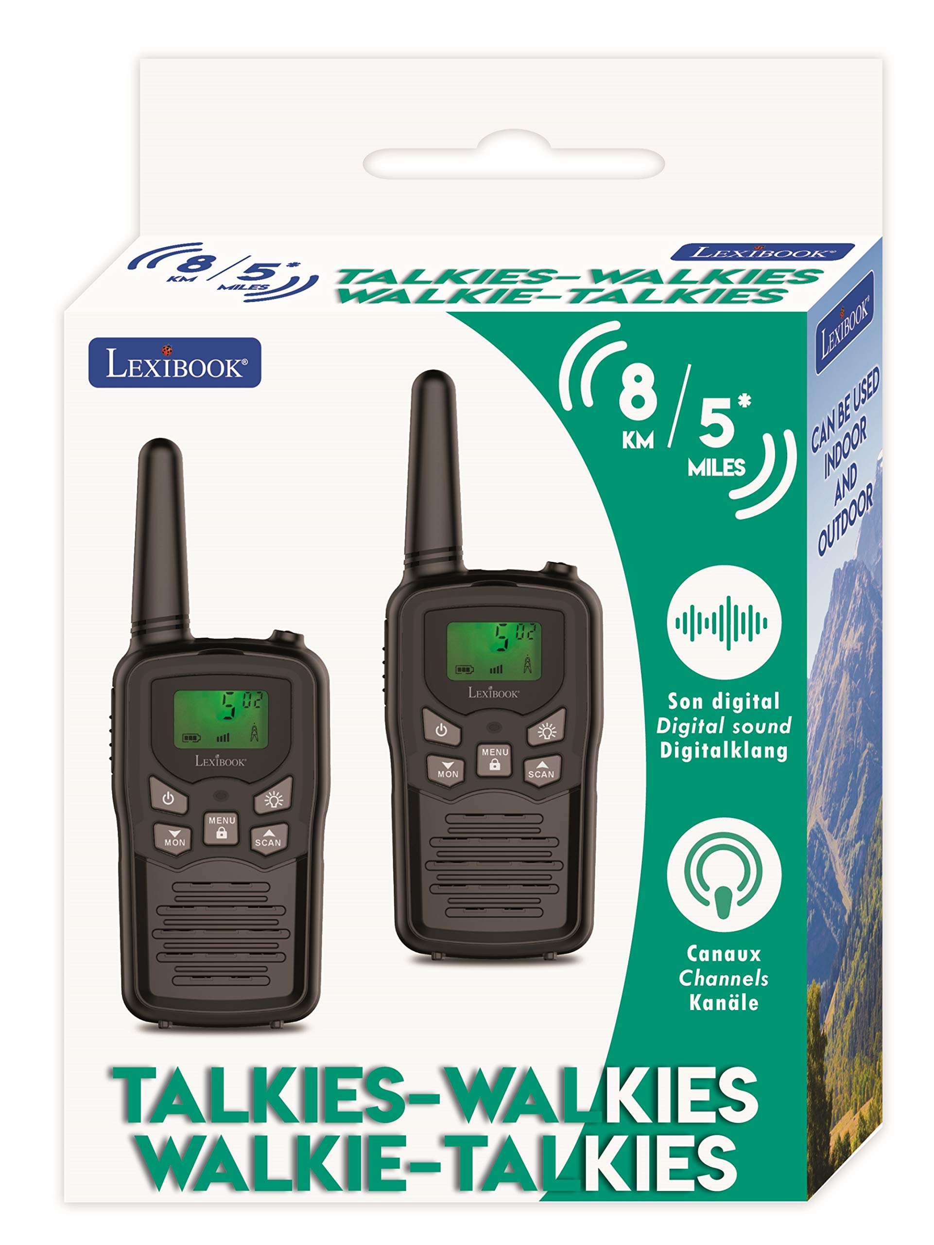LEXiBOOK Walkie-talkies for Kids, Toys Long Range 8km / 5 Miles, LCD Screen, Digital Sound, Indoor and Outdoor Communication Game, Belt Clip, Black, TW58US