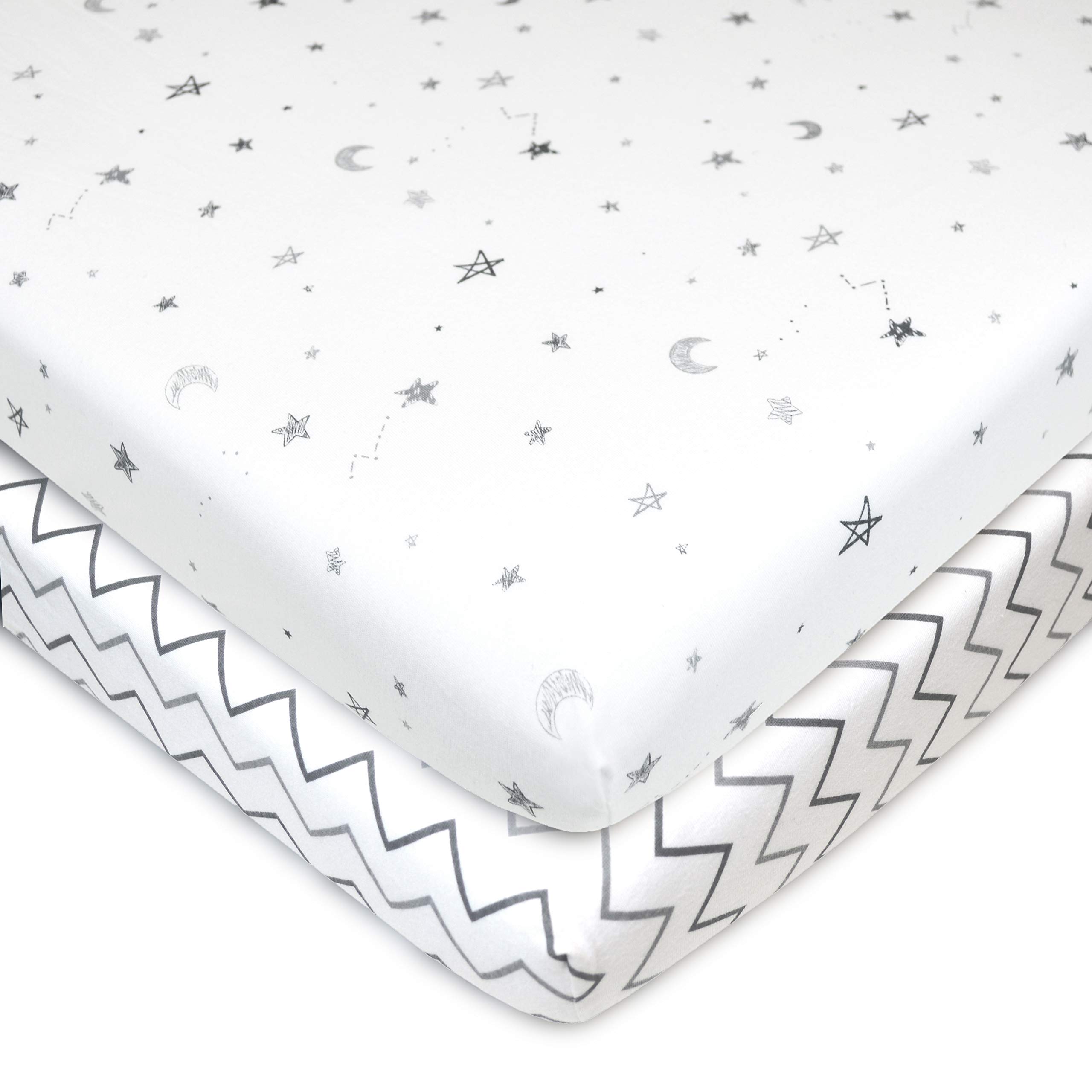 American Baby Company Printed 100% Natural Cotton Jersey Knit Fitted Portable/Mini-Crib Sheet, Grey Stars and Zigzag, Soft Breathable, for Boys and Girls, Pack of 2