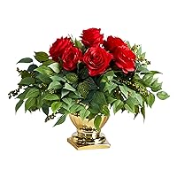 Nearly Natural 14in. Rose Artificial Arrangement in Gold Urn