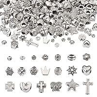 Pandahall 200Pcs Mixed Tibetan Style Alloy Spacer Beads Assorted Antique Silver Metal Loose Bead Caps Cross Crown Heart Beadings for Jewelry Making Supplies (Hole: 1-5mm)