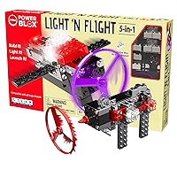 E-Blox Power Blox Light N' Flight 5-in-1 STEM Kit (58 Pieces), LED Light Up Building Blocks & Fan Launch Toy Set, Build 5 3D Structures, Great Science Project for Kids, Birthday Gift, Boys, Girls, 8+
