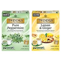 Twinings Pure Peppermint Herbal Tea K-Cups for Keurig, 24 Count (Pack of 1) + Lemon & Ginger Herbal Tea K-Cups for Keurig, 24 Count (Pack of 1)