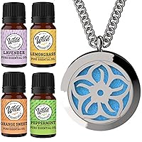 Wild Essentials Lotus Flower Necklace Essential Oil Diffuser Kit With Lavender, Lemongrass, Peppermint, Orange Oils, 12 Refill Pads, Calming Aromatherapy Gift Set, Customizable Color Changing, Perfume