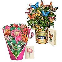 Freshcut Paper Pop Up Cards, Dear Dahlia + Butterflies Buttercups, Set of Two 12 Inch Life Sized Forever Flower Pop Up Bouquets 3D Popup Greeting Cards with Note Cards + Envelopes