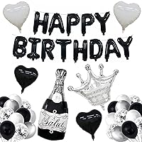 Black Birthday Party Decorations Happy Birthday Balloons Banner with Black and White Balloons Set For Women Men Boy Girls Champagne Birthday Decor