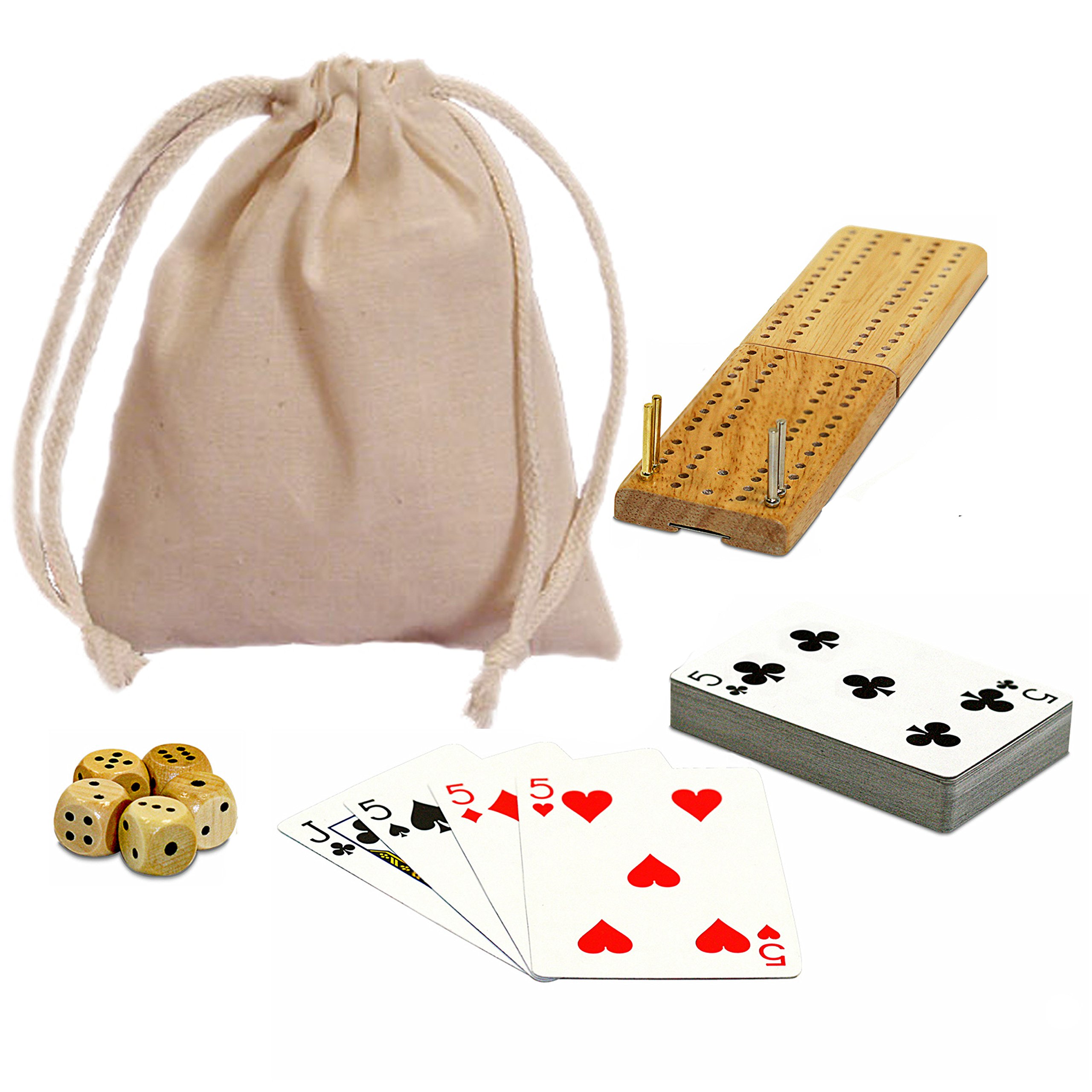 WE Games Cribbage Board Game Set, Travel Crib Board with Storage Slot and Drawstring Bag for Card Storage, Foldable 2 Track Cribbage Board with Cards, Metal Pegs and Dice, Mini Board Games