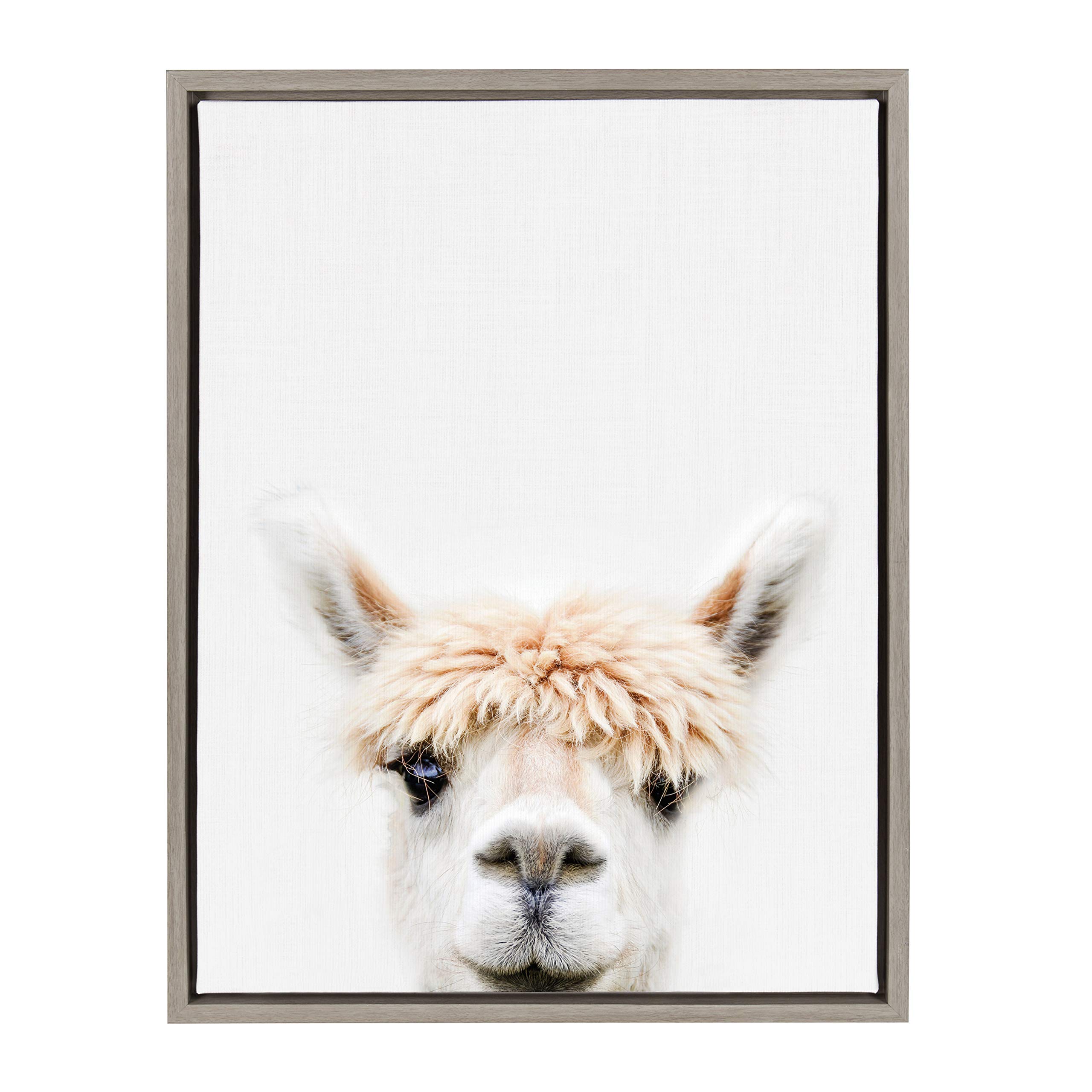 Kate and Laurel Sylvie Alpaca Bangs Animal Print Portrait Framed Canvas Wall Art by Amy Peterson, 18x24 Gray