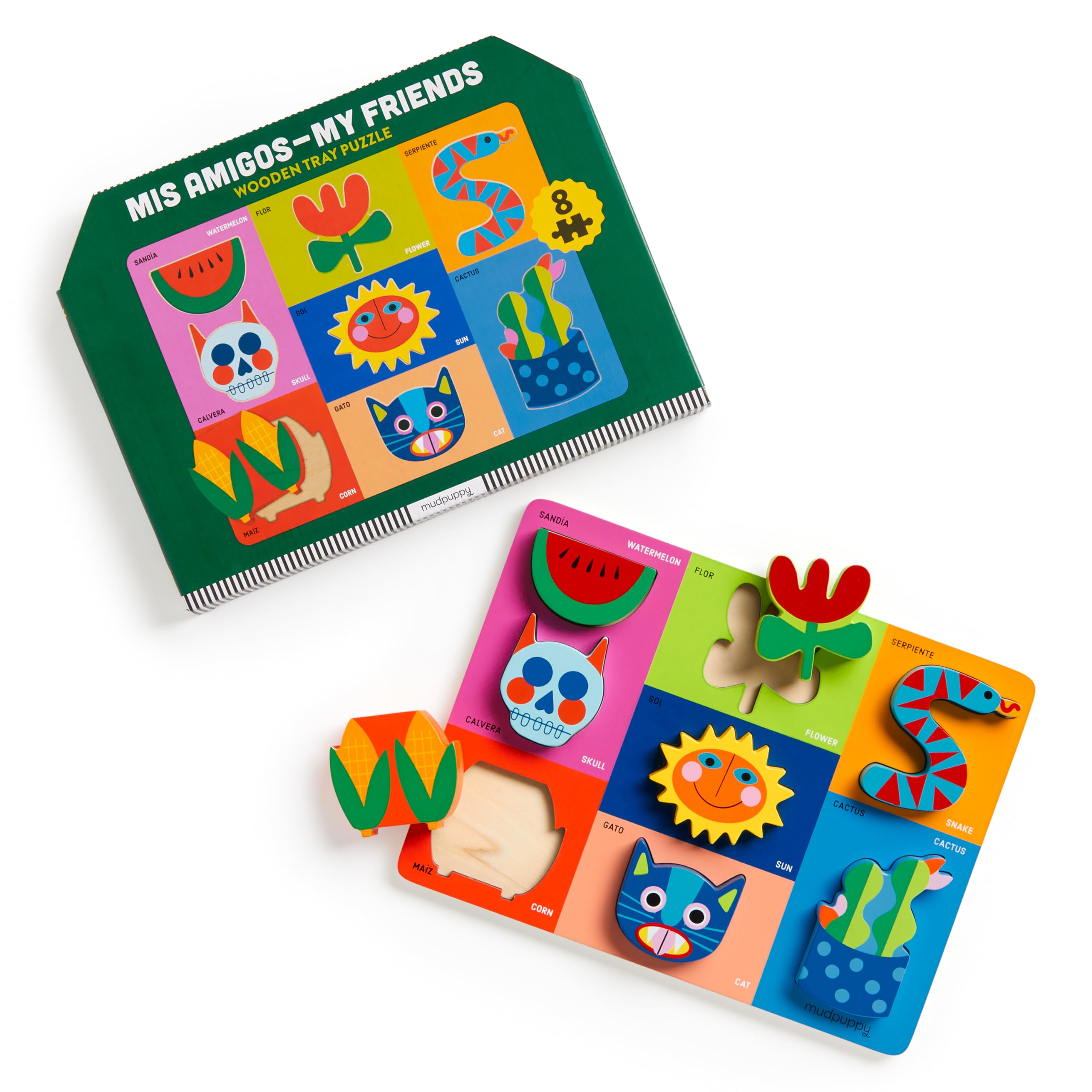 Mudpuppy Mis Amigos - Wooden Tray Puzzle with 8 Shaped Pieces with Spanish-English Labels from Latinx Heritage and Plywood Tray for Babies and Toddlers
