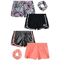 Body Glove Girls' Shorts - 4 Pack Athletic Performance Dry Fit Dolphin Gym Shorts, Scrunchie (7-12)