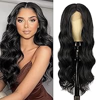 WECAN Black Wig for Women Long Black Wavy Wig Middle Part Synthetic Hair Curly Wave Wig Natural Looking Heat Resistant Fiber Wig for Daily Party Use