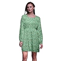 Bimba Green Leaves & Flowerpecker Bird Button Down Midi Dress Women Tunic Long Sleeve Smocked Top-X-Small