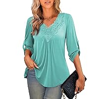 Tralilbee Women's Plus Size Tunic Tops 3/4 Roll Sleeve Shirts Lace Crochet V Neck Casual Blouses