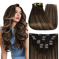 Full Shine Thick Clip in Hair Extensions Human Hair 20 Inch Dark Brown Ombre Real Hair Extensions Clip in Human Hair Color 2/8/2 7Pcs Double Weft Clip ins Balayag Hair