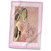 3D Rose Image of Birthday Wishes with Victorian Lady and Clock Hand Towel, 15