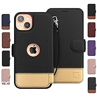 iPhone 15 Wallet Case for Women and Men, Case with Card Holder [Slim & Protective] for Apple 15 (6.1”), Vegan Leather i-Phone Cover, Black & Gold, Golden Dusk [Includes Wristlet]