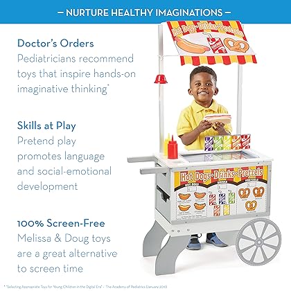 Melissa & Doug Wooden Snacks and Sweets Food Cart - 40+ Play Food pcs, Reversible Awning , Multi Colored