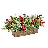 National Tree Company HGTV Home Collection Artificial Christmas Plant Arrangement, Mixed Branch Tips, Decorated with Green Leaves, Red Berry Clusters, Pine Cones, Includes Wooden Base, 12 Inches