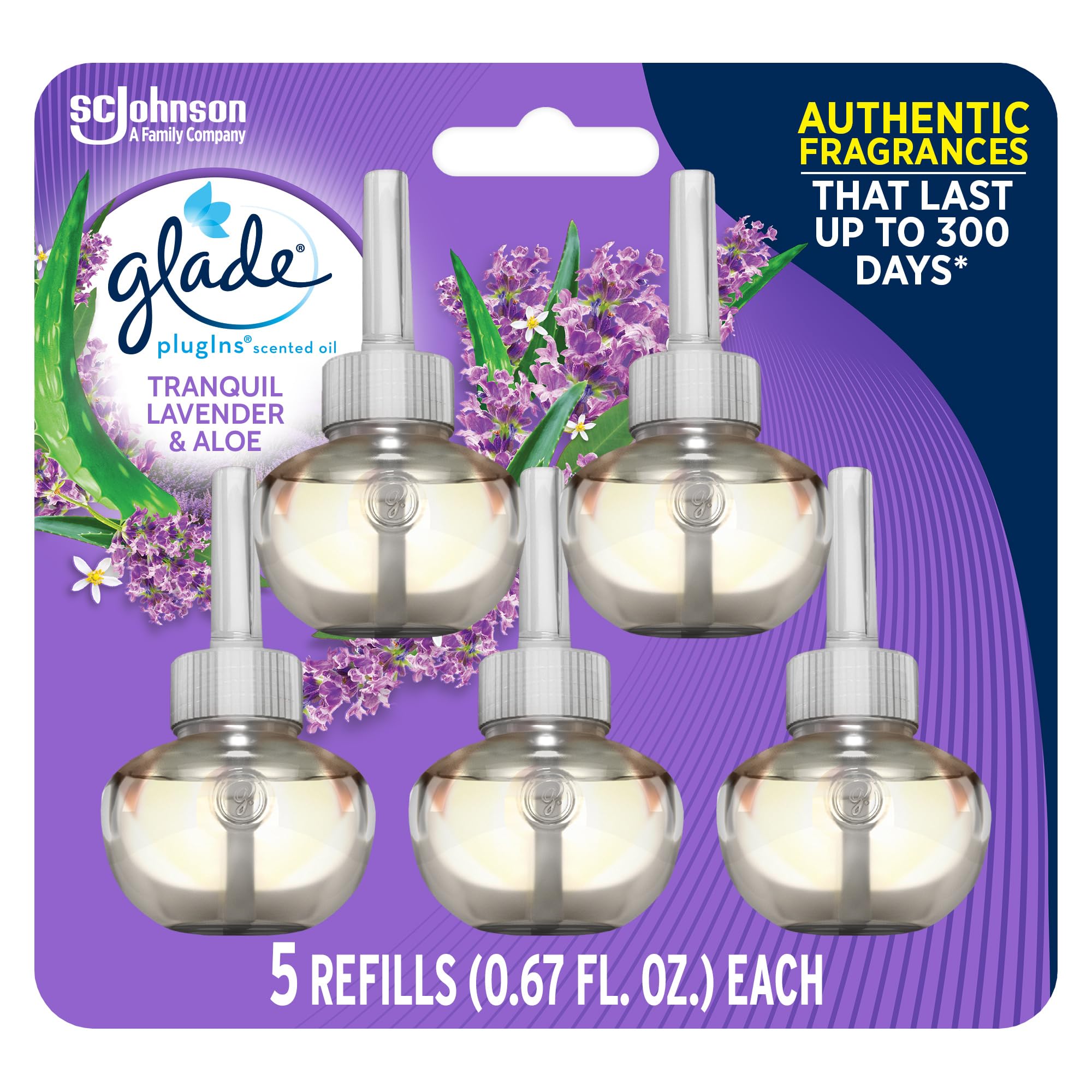 Glade PlugIns Refills Air Freshener, Scented and Essential Oils for Home and Bathroom, Tranquil Lavender & Aloe, 3.35 Fl Oz, 5 Count