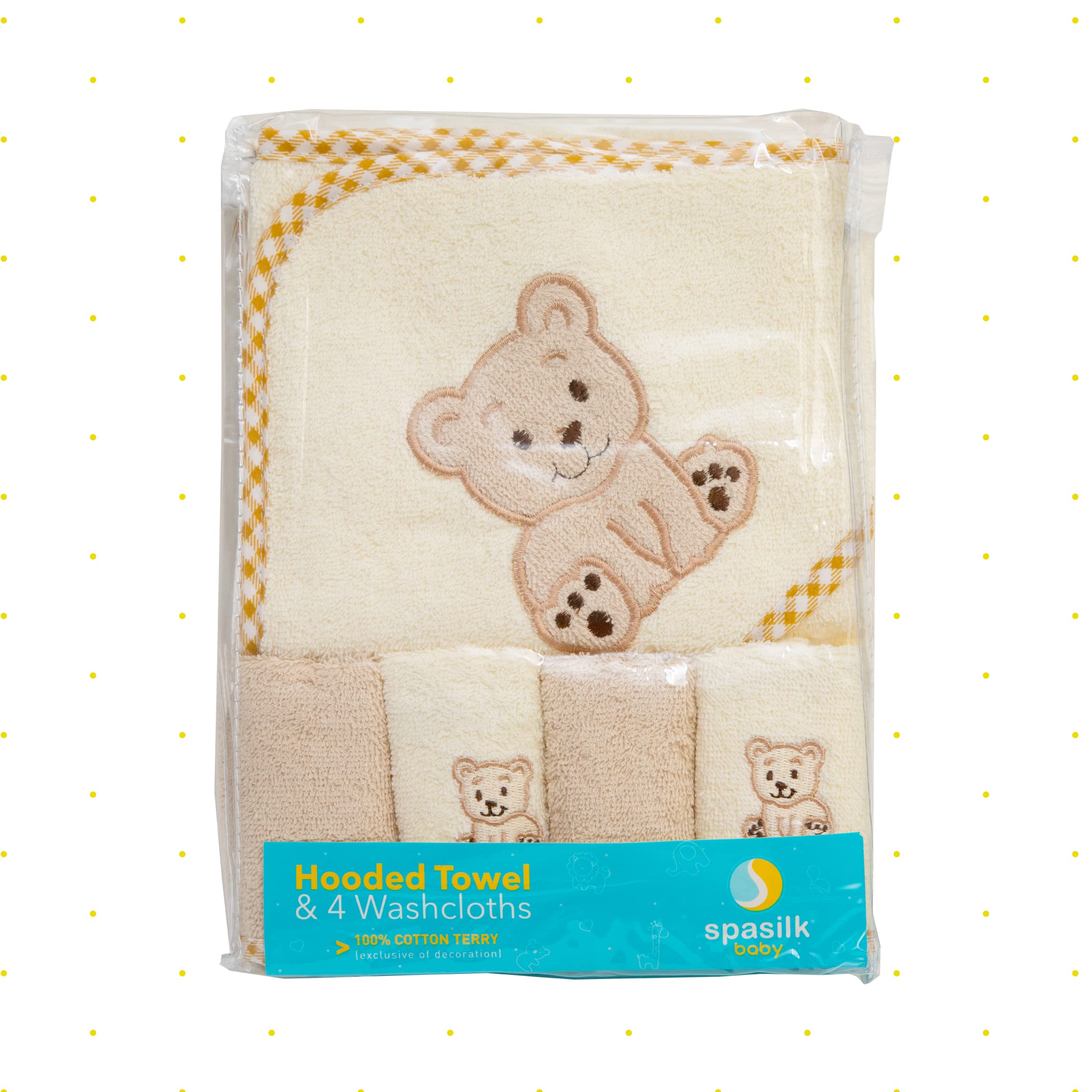 Spasilk Bath Hooded Towels & Washcloths Set for Babies, Hooded Terry Bath Towel & 4 Washcloths, Beige