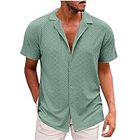 Mens Button Down Beach Shirt Eyelets Short Sleeve Cuban Collared Casual Vacation Summer Tropical Loose Fit Holiday Tops